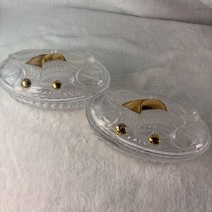 Vintage 80s Studio Nova Gilded Bells Crystal Oval Covered Trinket Dishes Set 2